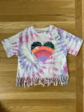 NEXT Girl’s 7 NWT - tie dye fringe tee with double sided sequin heart